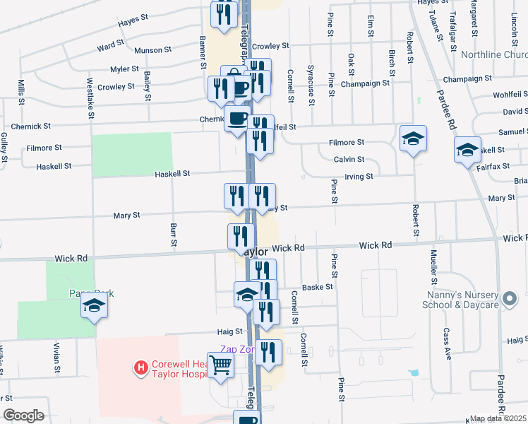 map of restaurants, bars, coffee shops, grocery stores, and more near 8985 Telegraph Road in Taylor