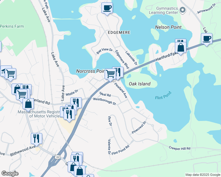 map of restaurants, bars, coffee shops, grocery stores, and more near 2 Pineland Avenue in Worcester