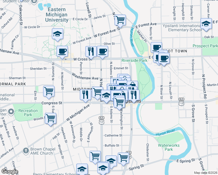 map of restaurants, bars, coffee shops, grocery stores, and more near 115 North Adams Street in Ypsilanti