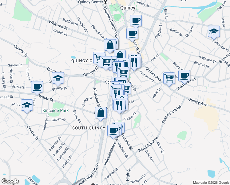 map of restaurants, bars, coffee shops, grocery stores, and more near 9 Franklin Place in Quincy