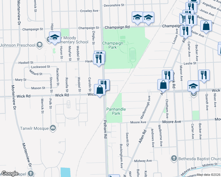 map of restaurants, bars, coffee shops, grocery stores, and more near 19300 Wick Road in Allen Park