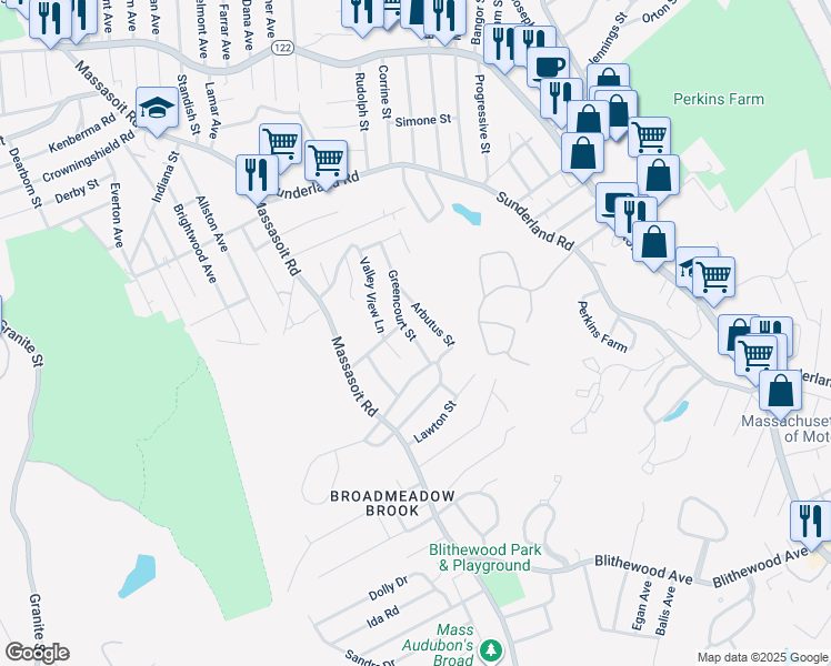 map of restaurants, bars, coffee shops, grocery stores, and more near 3 Greencourt Street in Worcester