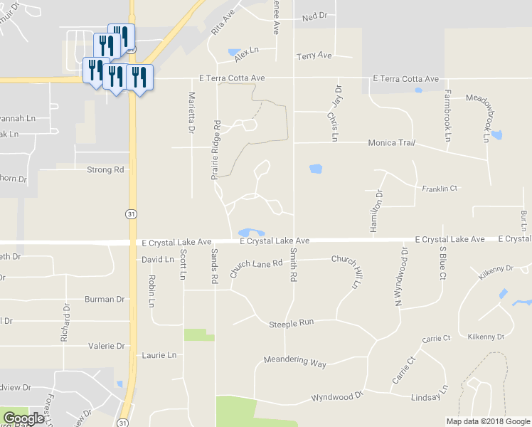 map of restaurants, bars, coffee shops, grocery stores, and more near 4127 White Ash Road in Crystal Lake