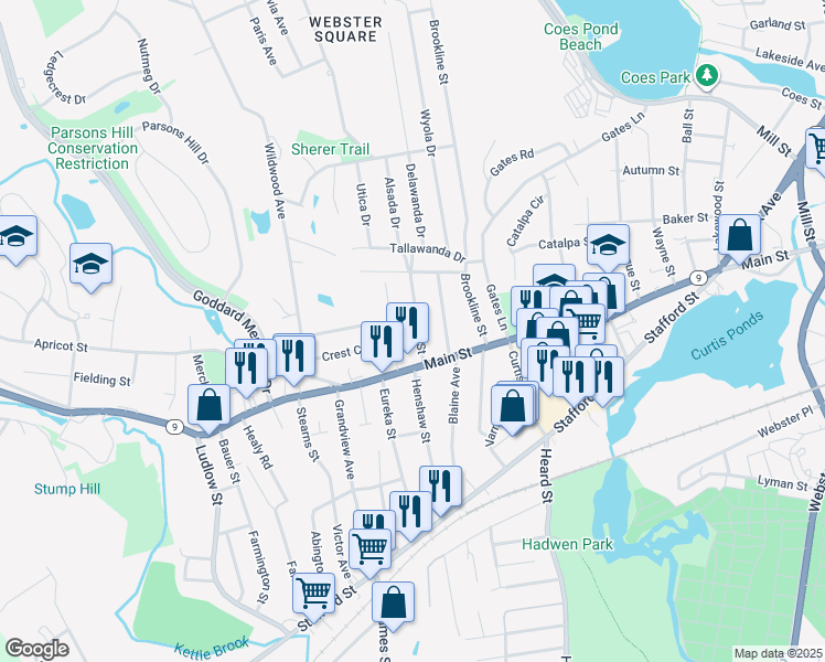 map of restaurants, bars, coffee shops, grocery stores, and more near 27 Sylvan Street in Worcester