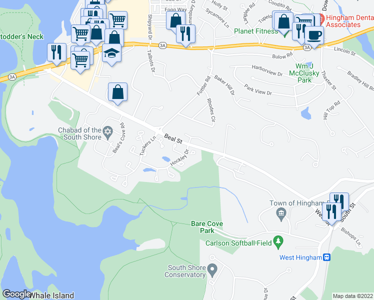 map of restaurants, bars, coffee shops, grocery stores, and more near 3004 Hockley Drive in Hingham