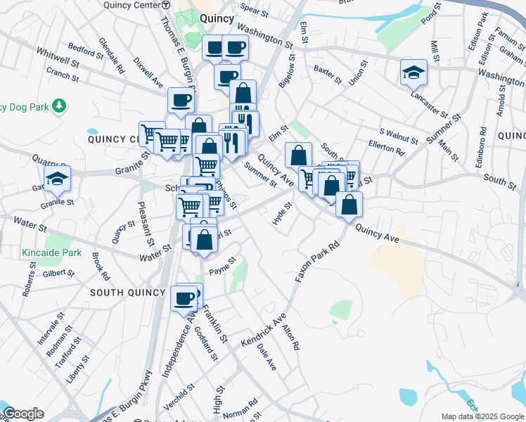 map of restaurants, bars, coffee shops, grocery stores, and more near 41 Water Street in Quincy