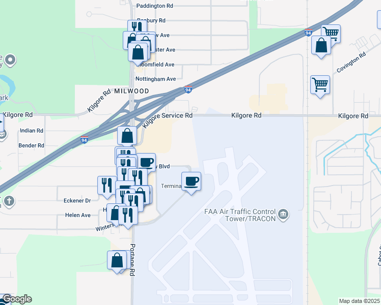 map of restaurants, bars, coffee shops, grocery stores, and more near 2825 Airview Boulevard in Portage