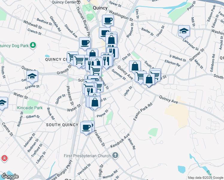 map of restaurants, bars, coffee shops, grocery stores, and more near 52 Phipps Street in Quincy