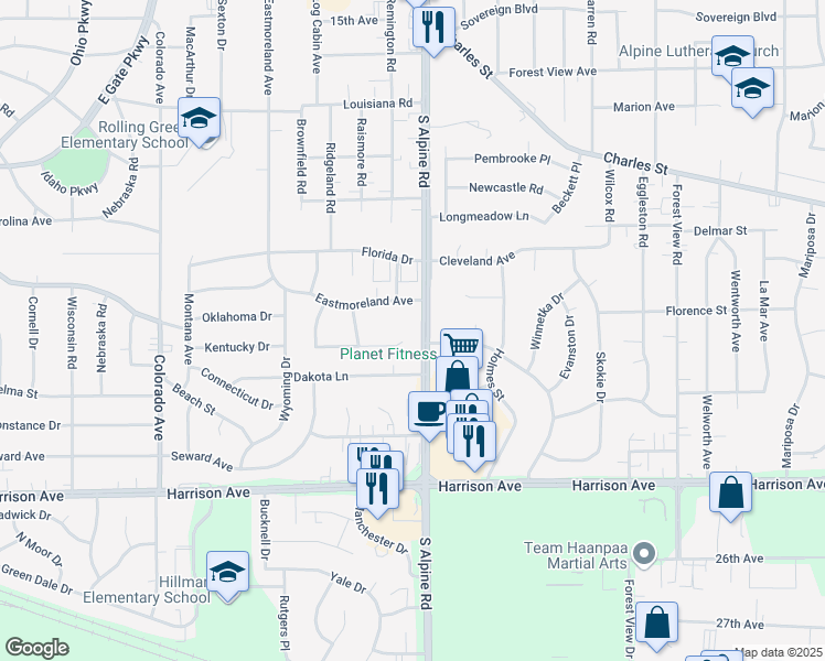 map of restaurants, bars, coffee shops, grocery stores, and more near 4130 Laramie Lane in Rockford