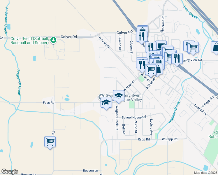 map of restaurants, bars, coffee shops, grocery stores, and more near 111 North 3rd Street in Talent
