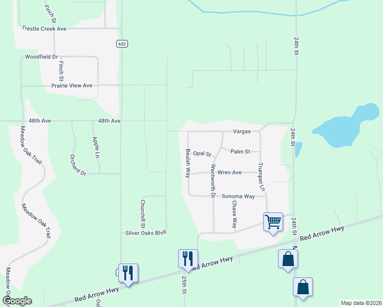 map of restaurants, bars, coffee shops, grocery stores, and more near 24866 Opal Street in Mattawan