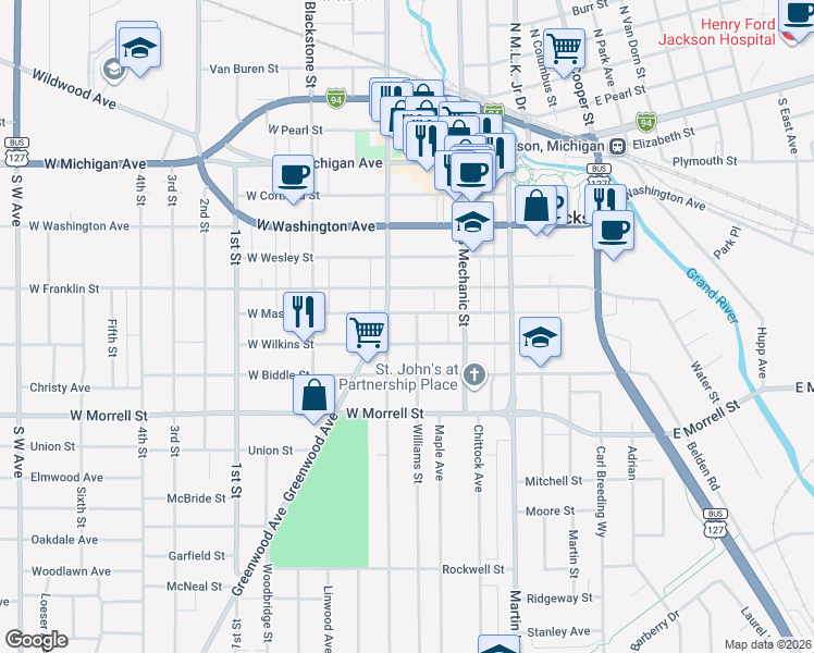 map of restaurants, bars, coffee shops, grocery stores, and more near 128 West Mason Street in Jackson