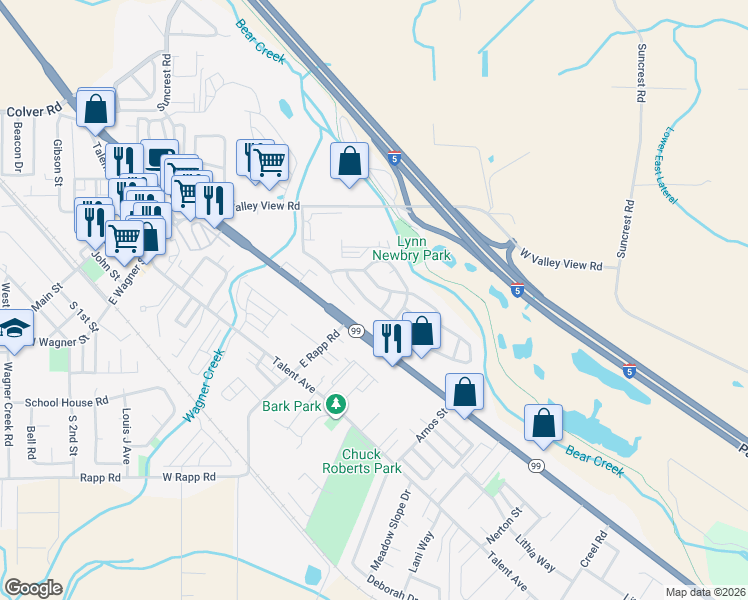 map of restaurants, bars, coffee shops, grocery stores, and more near Ellen Way in Talent
