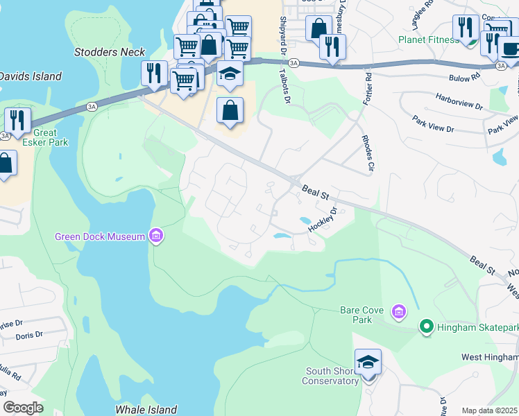 map of restaurants, bars, coffee shops, grocery stores, and more near 601 Tucker's Lane in Hingham