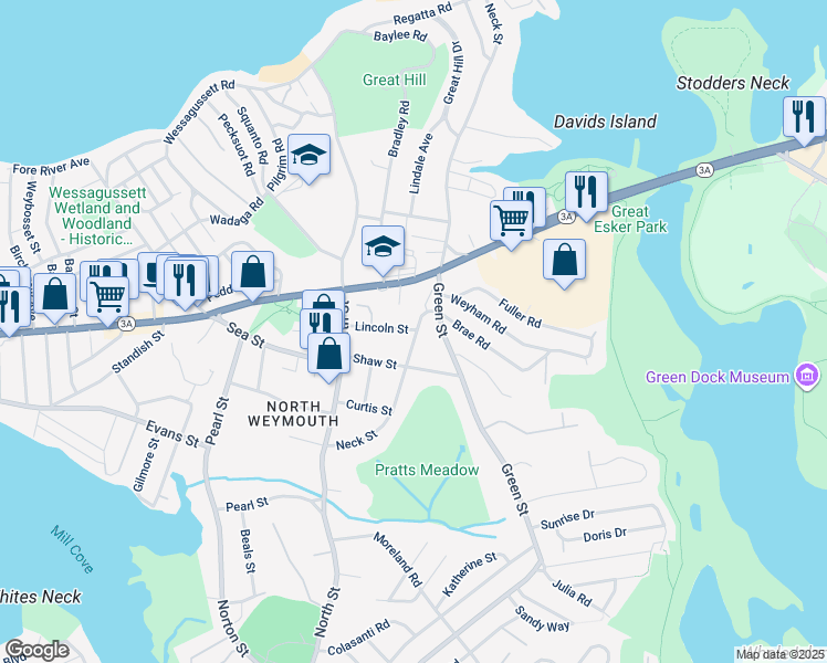 map of restaurants, bars, coffee shops, grocery stores, and more near 150 Neck Street in Weymouth