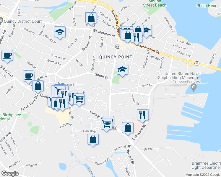map of restaurants, bars, coffee shops, grocery stores, and more near 995 Southern Artery in Quincy