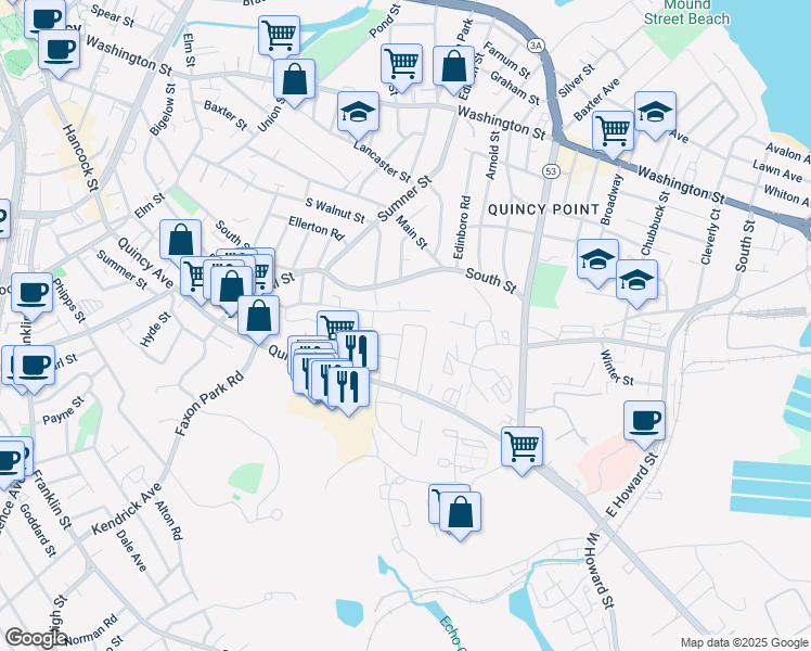map of restaurants, bars, coffee shops, grocery stores, and more near 121 Martensen Street in Quincy