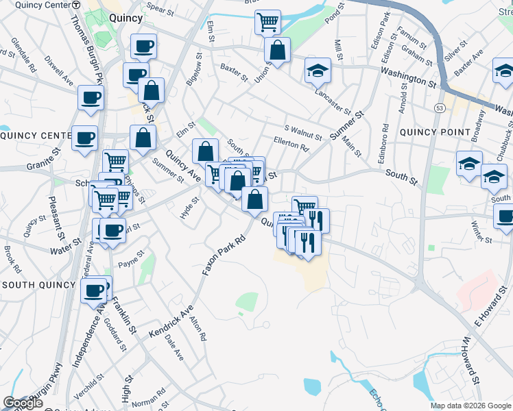 map of restaurants, bars, coffee shops, grocery stores, and more near 25 Martensen Street in Quincy