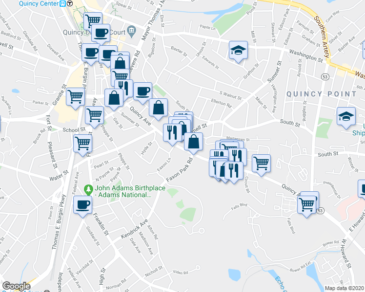 map of restaurants, bars, coffee shops, grocery stores, and more near 15 Scammell Street in Quincy