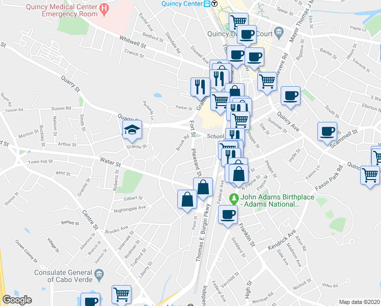 map of restaurants, bars, coffee shops, grocery stores, and more near 36 Pleasant Street in Quincy