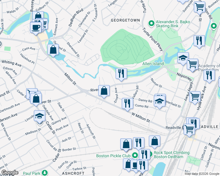 map of restaurants, bars, coffee shops, grocery stores, and more near in Boston