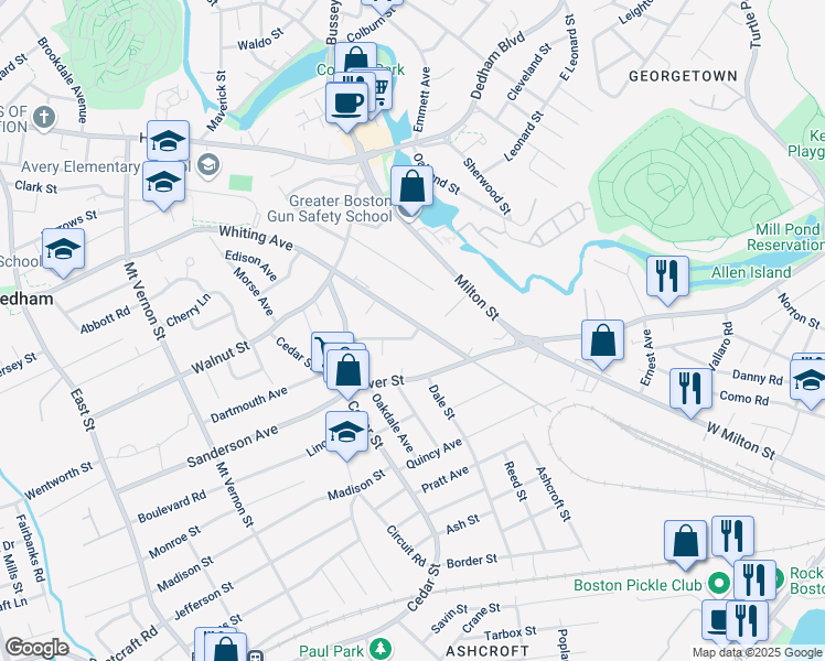 map of restaurants, bars, coffee shops, grocery stores, and more near 360 Whiting Avenue in Dedham