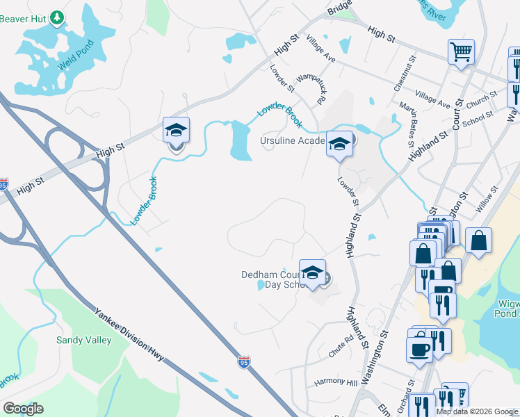 map of restaurants, bars, coffee shops, grocery stores, and more near 139 Stoney Lea Road in Dedham