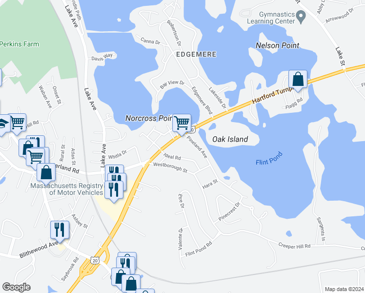 map of restaurants, bars, coffee shops, grocery stores, and more near 8 Pineland Avenue in Worcester