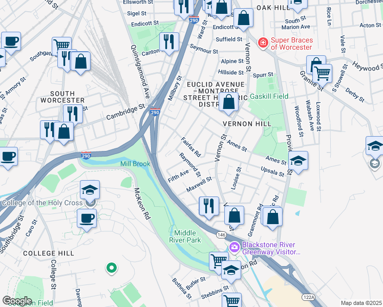 map of restaurants, bars, coffee shops, grocery stores, and more near 35 Fairfax Road in Worcester
