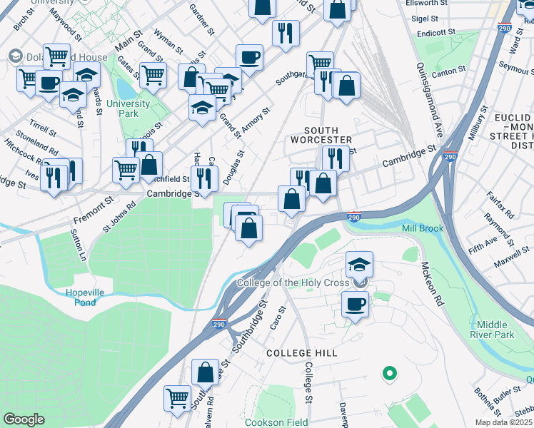 map of restaurants, bars, coffee shops, grocery stores, and more near 12 Cheever Street in Worcester