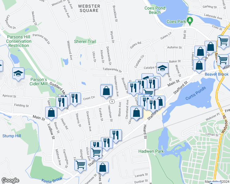 map of restaurants, bars, coffee shops, grocery stores, and more near 12 Henderson Avenue in Worcester
