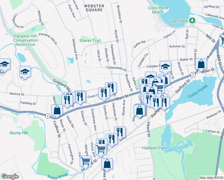 map of restaurants, bars, coffee shops, grocery stores, and more near 27 Sylvan Street in Worcester