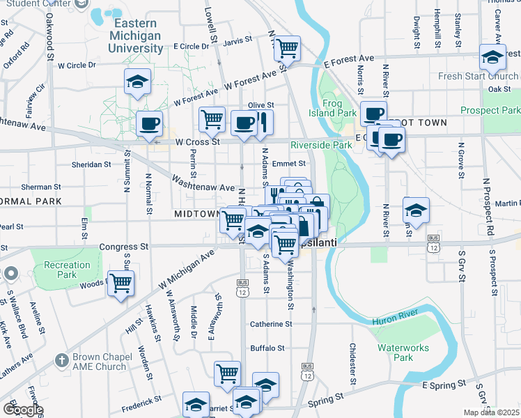 map of restaurants, bars, coffee shops, grocery stores, and more near 115 North Adams Street in Ypsilanti