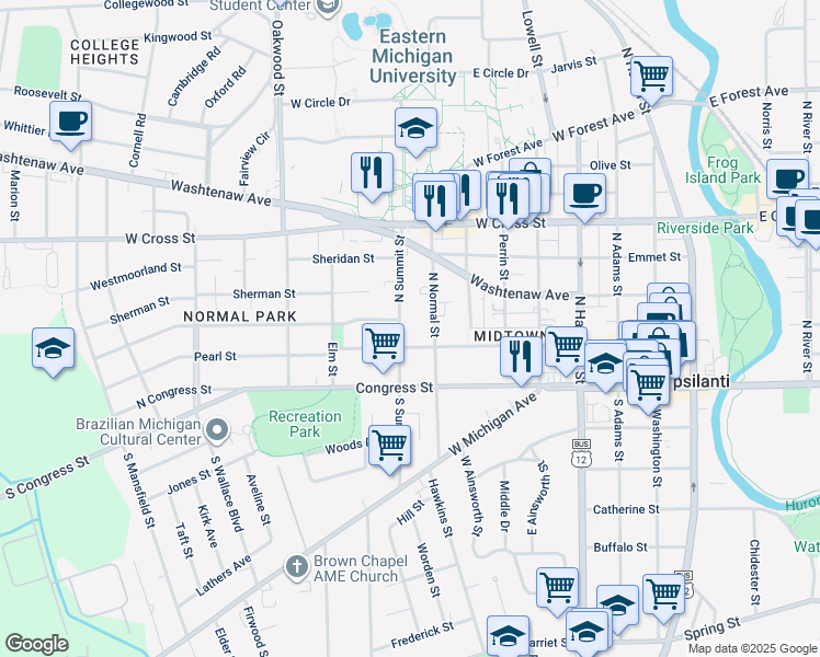 map of restaurants, bars, coffee shops, grocery stores, and more near 115 North Normal Street in Ypsilanti