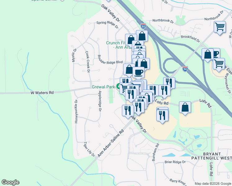 map of restaurants, bars, coffee shops, grocery stores, and more near 2105 West Waters Road in Ann Arbor