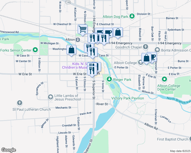 map of restaurants, bars, coffee shops, grocery stores, and more near in Albion