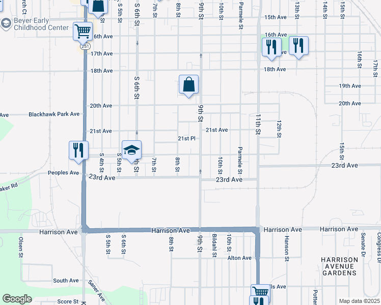 map of restaurants, bars, coffee shops, grocery stores, and more near 2251 9th Street in Rockford