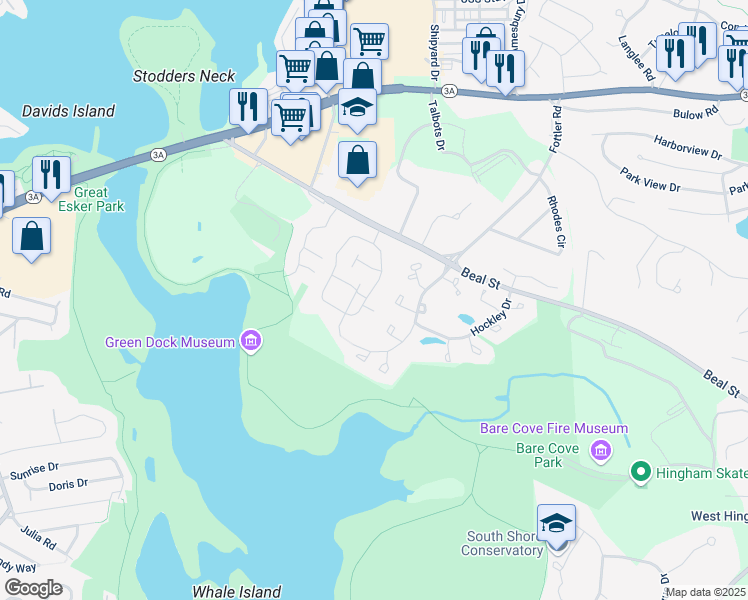 map of restaurants, bars, coffee shops, grocery stores, and more near 4 Beal's Cove Road in Hingham