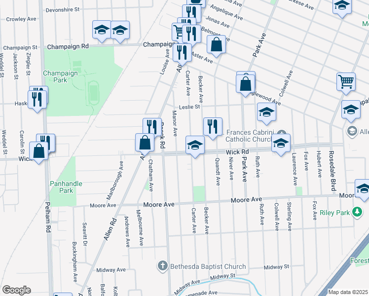 map of restaurants, bars, coffee shops, grocery stores, and more near in Allen Park