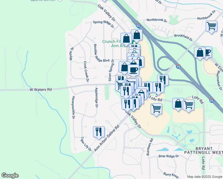 map of restaurants, bars, coffee shops, grocery stores, and more near 2105 West Waters Road in Ann Arbor