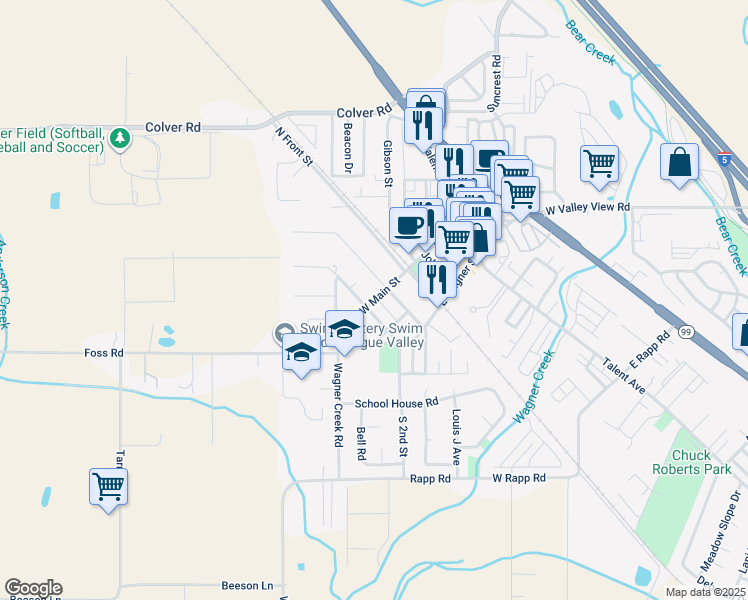 map of restaurants, bars, coffee shops, grocery stores, and more near 206 West Main Street in Talent