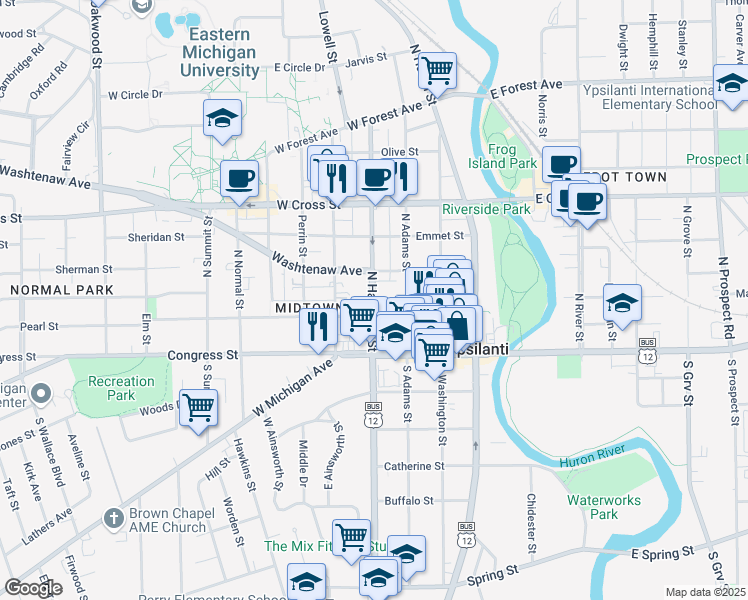 map of restaurants, bars, coffee shops, grocery stores, and more near 114 North Hamilton Street in Ypsilanti