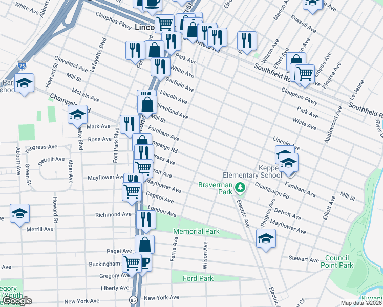 map of restaurants, bars, coffee shops, grocery stores, and more near 1017 Farnham Avenue in Lincoln Park