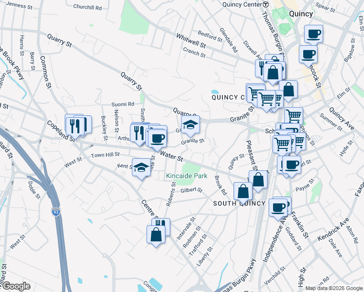 map of restaurants, bars, coffee shops, grocery stores, and more near 325 Granite Street in Quincy