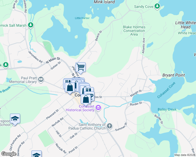 map of restaurants, bars, coffee shops, grocery stores, and more near 41 Stevens Lane in Cohasset