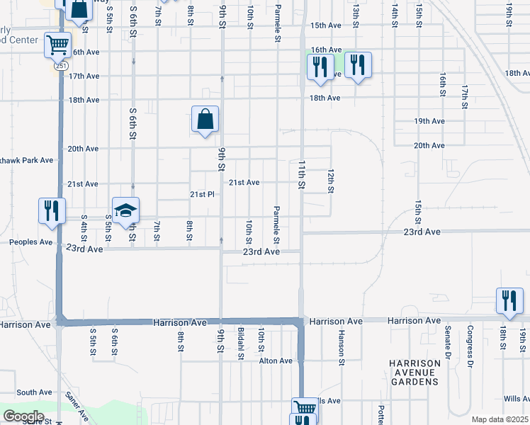 map of restaurants, bars, coffee shops, grocery stores, and more near 1418 22nd Avenue in Rockford