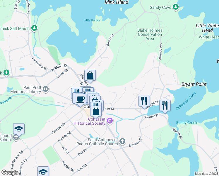 map of restaurants, bars, coffee shops, grocery stores, and more near 41 Stevens Lane in Cohasset