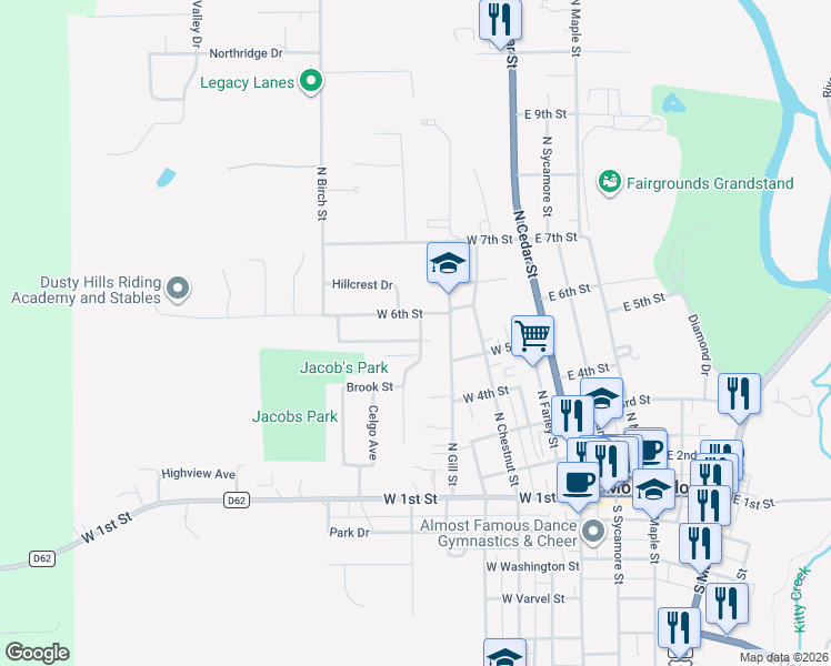 map of restaurants, bars, coffee shops, grocery stores, and more near 548-598 N Pine St in Monticello