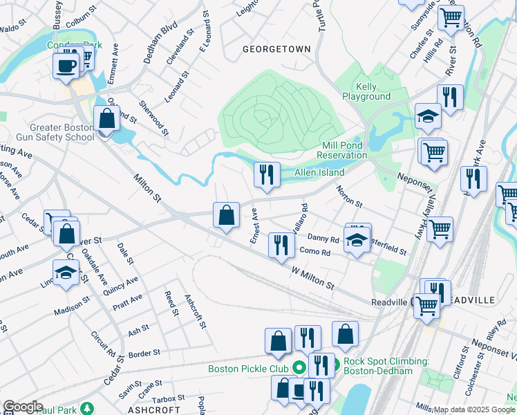 map of restaurants, bars, coffee shops, grocery stores, and more near 1904 River Street in Boston