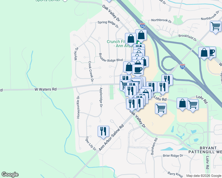 map of restaurants, bars, coffee shops, grocery stores, and more near 2135 West Waters Road in Ann Arbor